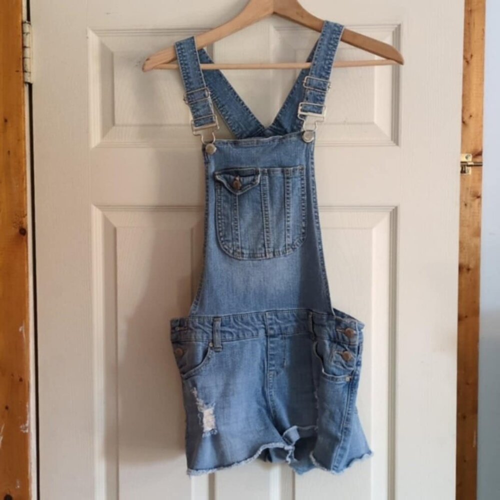 Blue Spice Blue Denim Short Overalls Sz 7 Distressed Missng Button Farmcore Boho